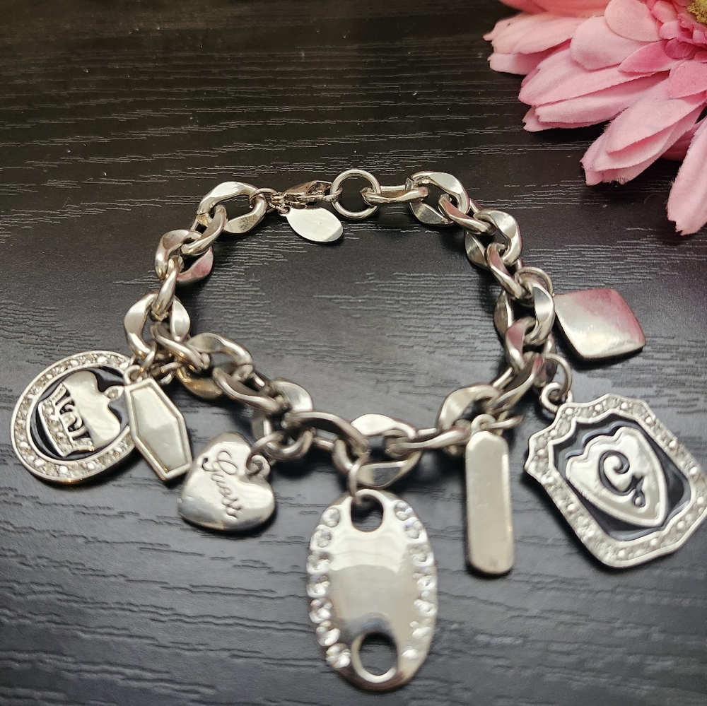 Guess Silver Charm Bracelet with Heart and Logo Charms